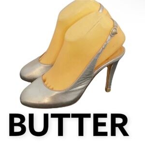 Authentic Butter designer silver leather sling back pumps heels Sz 6